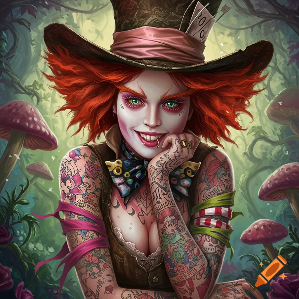 Tattooed female Mad Hatter with red hair and blue eyes in a mushroom forest.