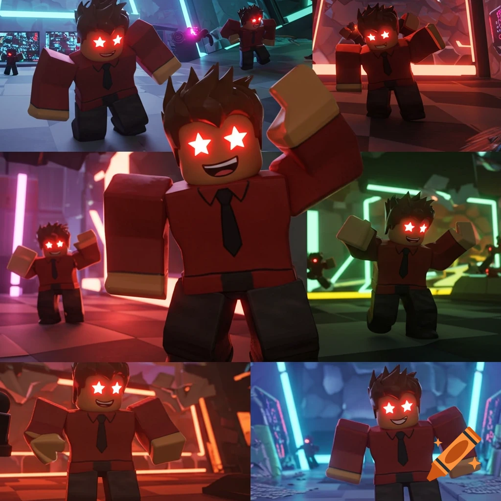 A grid of images showing a Roblox-like character with red star eyes in a futuristic setting, 3D render.