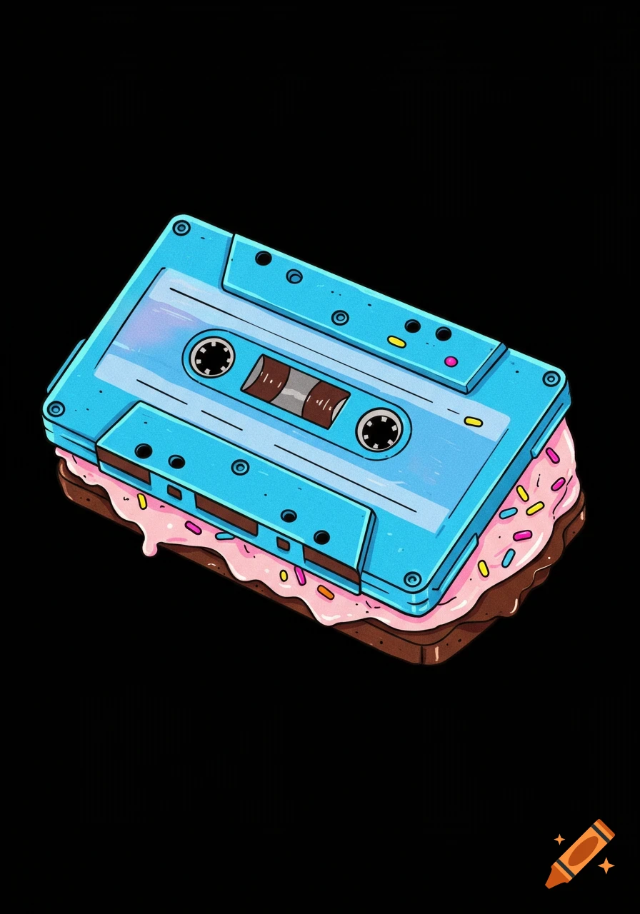 Illustration of a blue cassette tape on a melting ice cream sandwich with sprinkles.