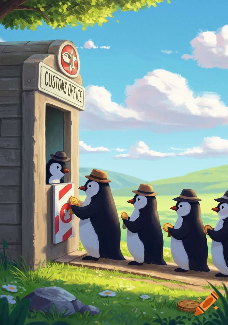 Cartoon penguins in hats line up to pay at a customs office booth, illustration