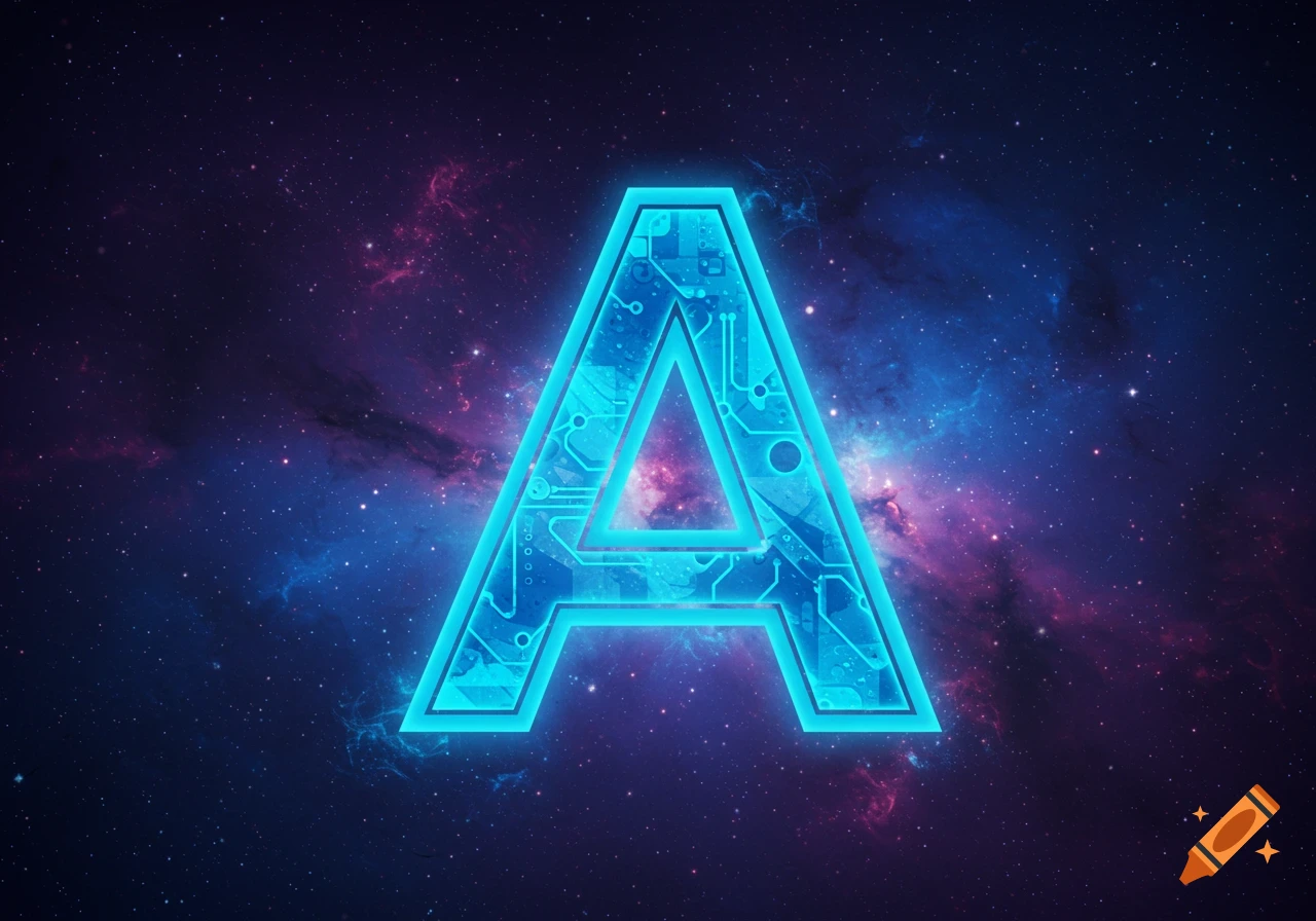 A glowing blue letter A with circuitry patterns in a space background.