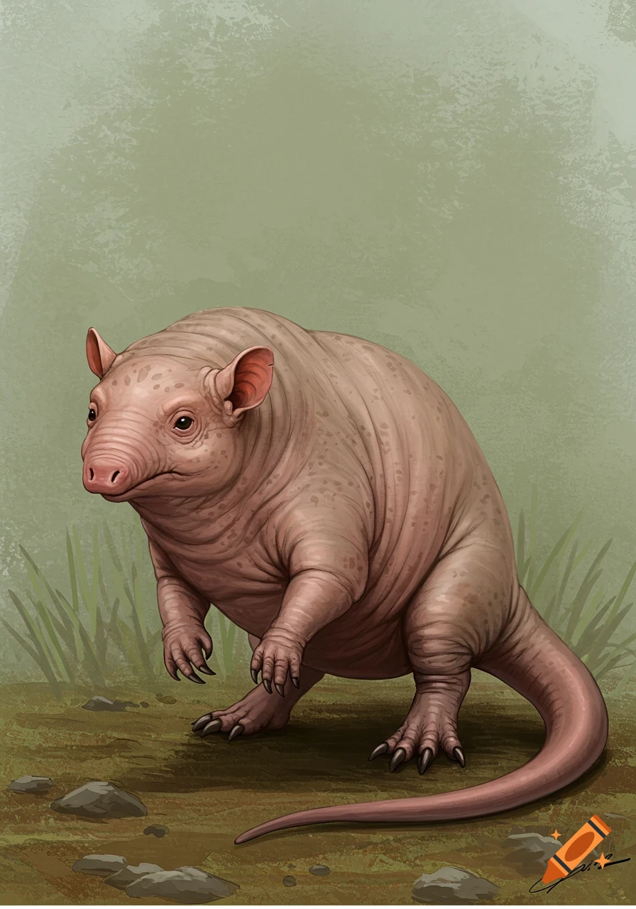 Illustration of a fantasy creature, resembling a bald pig with claws ...