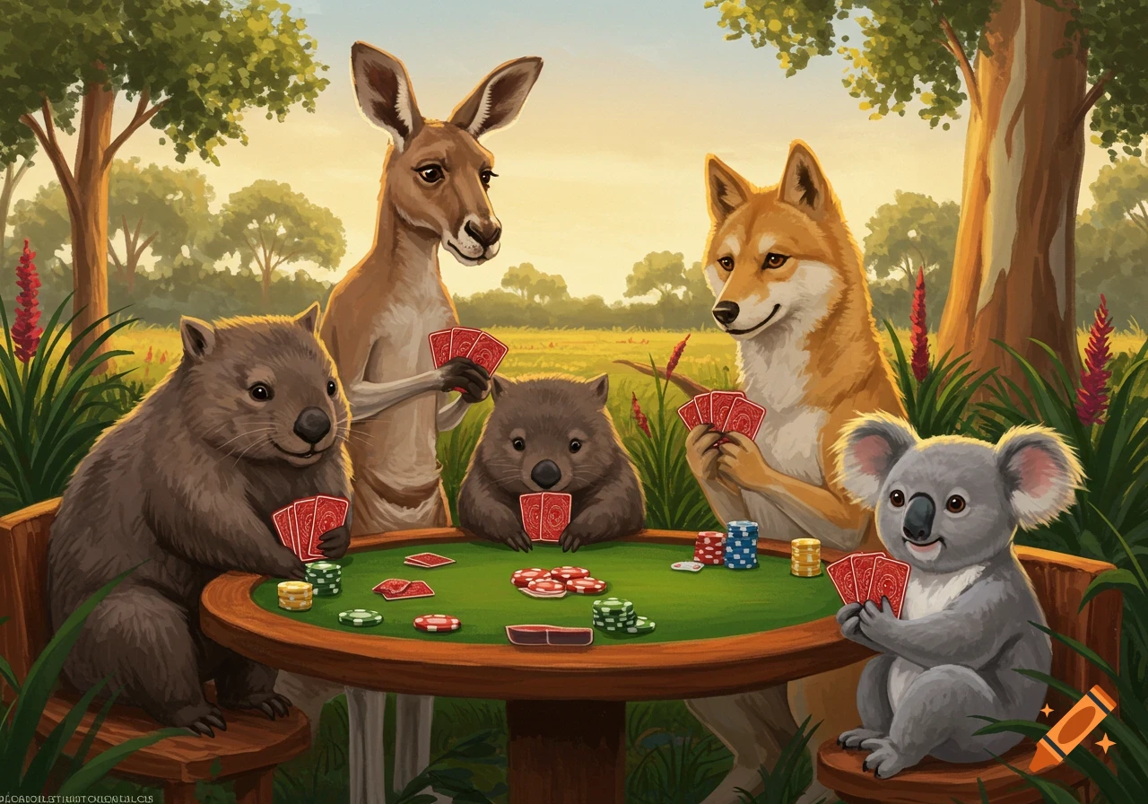 An illustration of a kangaroo, wombat, dingo, and koala playing poker at a table outdoors.