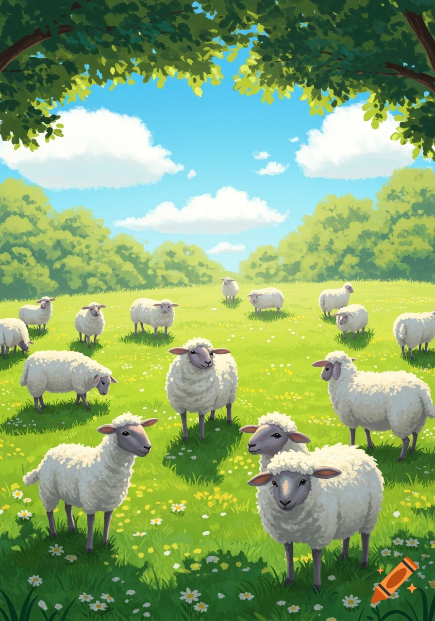 Illustrative image of a flock of sheep grazing in a sunny green field with flowers, trees, and clouds.