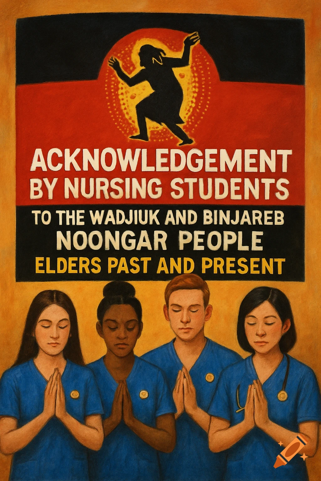 Painting of Indigenous silhouette above text acknowledging Indigenous elders, with four nursing students below.
