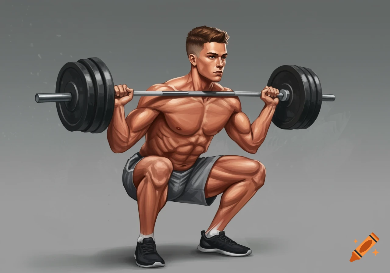 Illustration of a muscular man performing a barbell squat.
