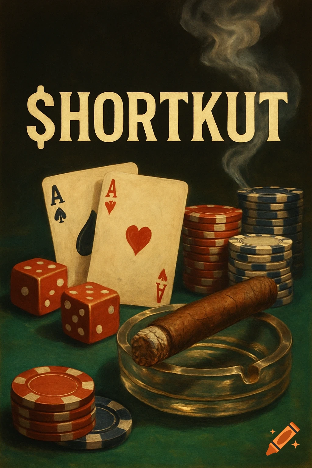 Still life illustration of casino items: cards, dice, poker chips, cigar with smoke, and text $HORTKUT.