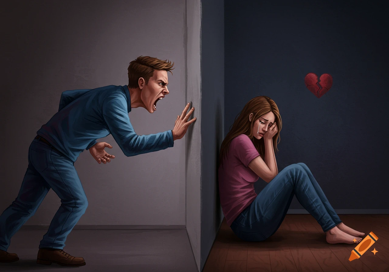 Illustration of a man shouting at a wall, behind which a woman sits crying beneath a broken heart.