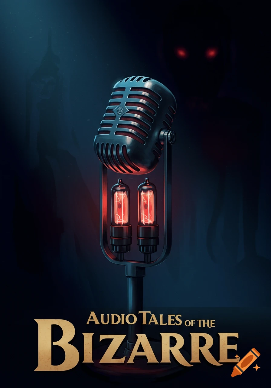 A vintage microphone with glowing tubes and spooky figures in the background, with the text AUDIO TALES of THE BIZARRE.
