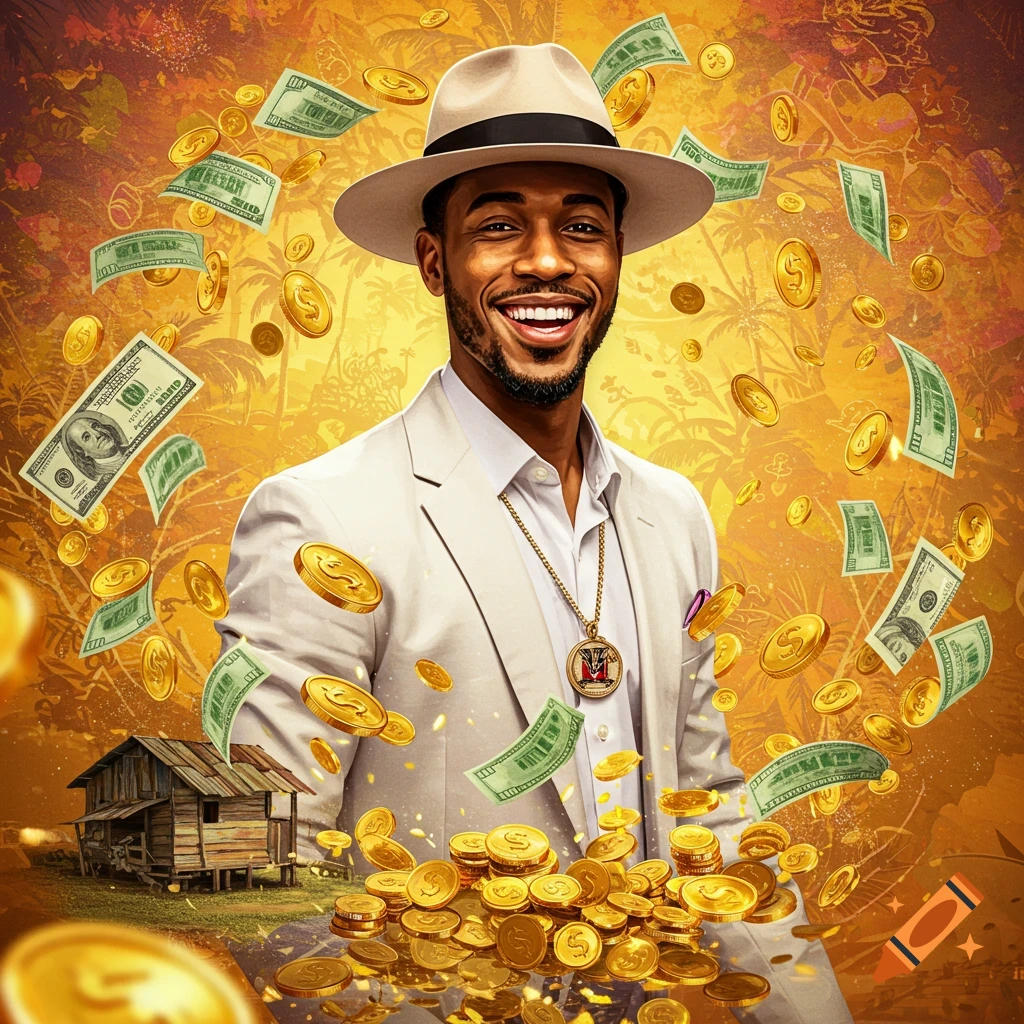 A man in a suit and fedora smiles as money and coins fall around him against a tropical background with a shack.