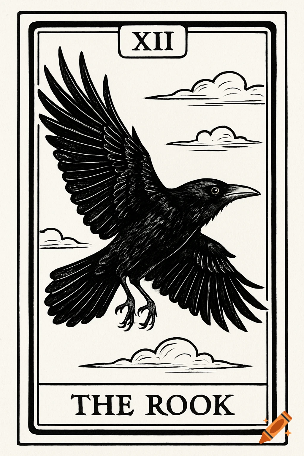Black and white line art illustration of a tarot card featuring a flying raven, with the text "XII" and "THE ROOK".