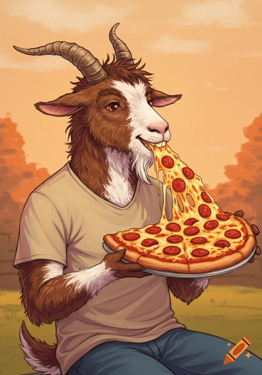 Illustration of an anthropomorphic goat eating a large slice of pepperoni pizza.
