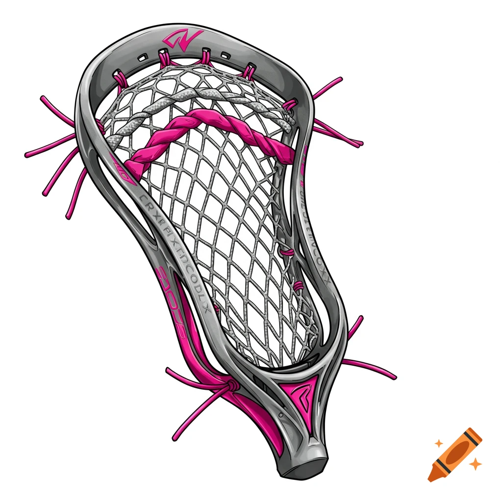 Vector illustration of a gray lacrosse stick head with white mesh and pink accents.