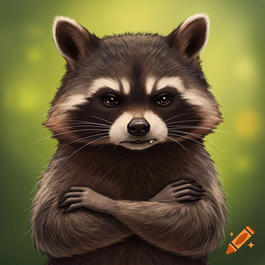 Illustration of a grumpy raccoon with crossed arms.
