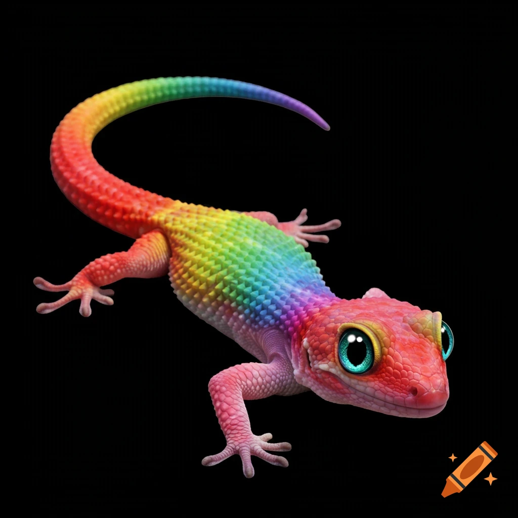 Rainbow colored lizard with large blue anime eyes on black background