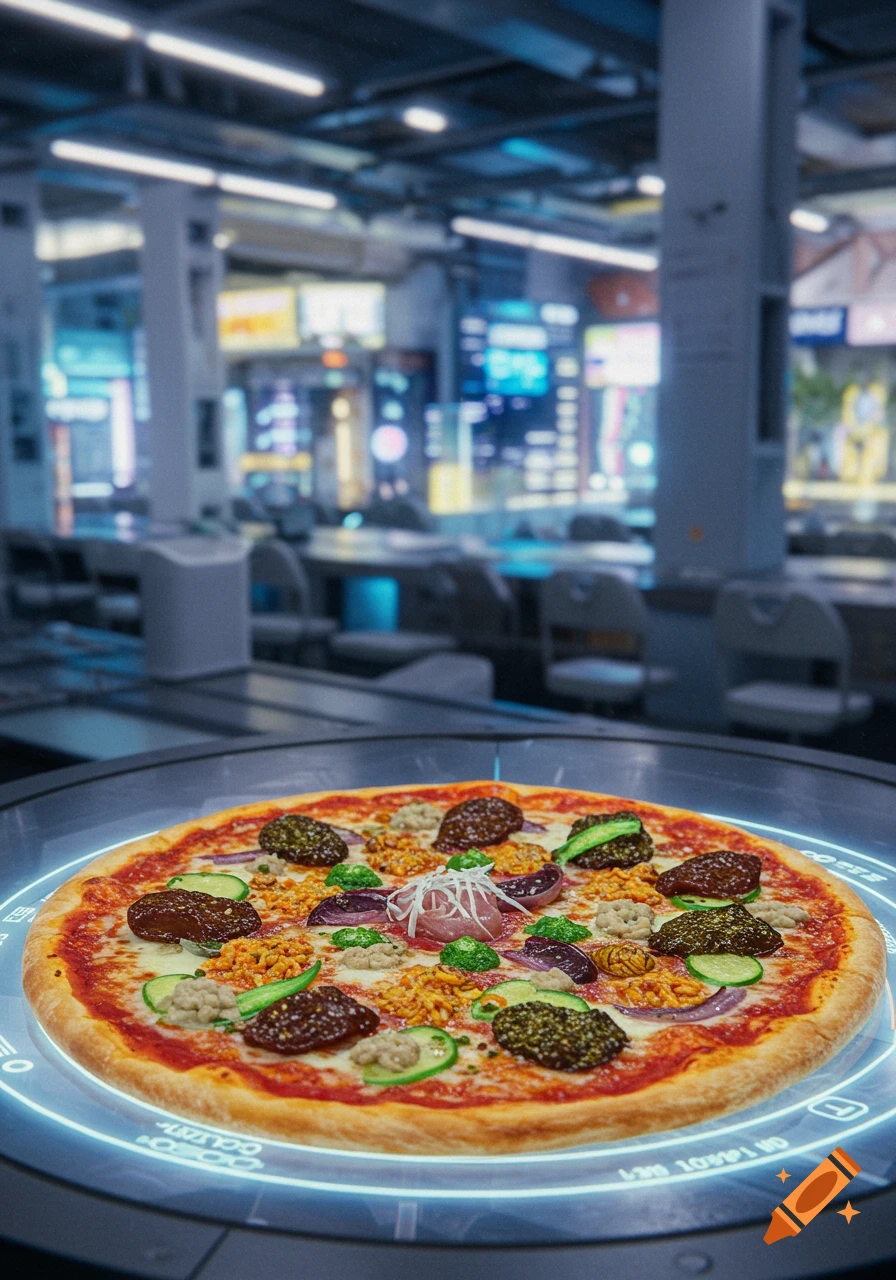 Pizza on a glowing futuristic stand in a sci-fi cafe