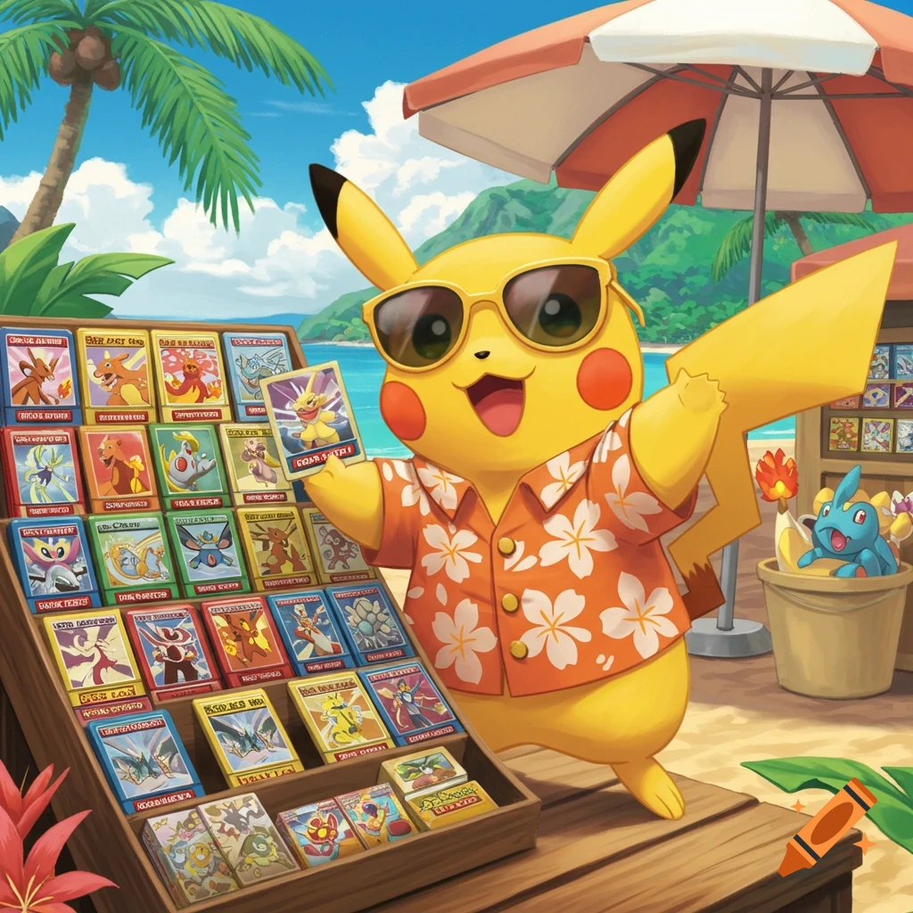 Pikachu in a Hawaiian shirt and sunglasses sells trading cards on a beach stand.