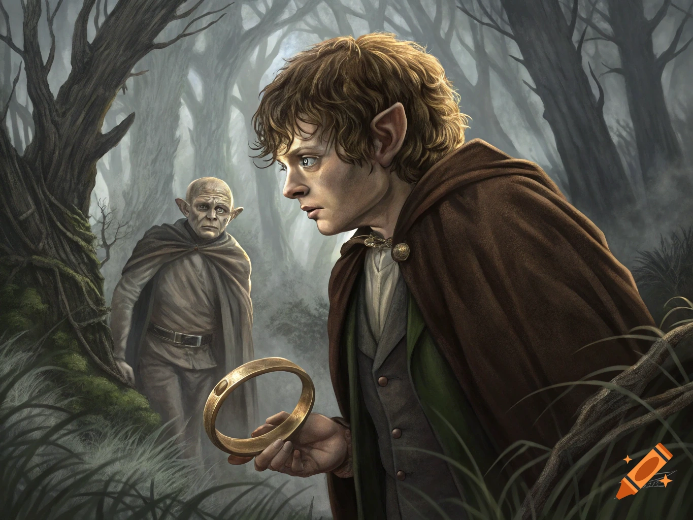 Illustration of Frodo holding the One Ring with Gollum behind him in a misty forest.