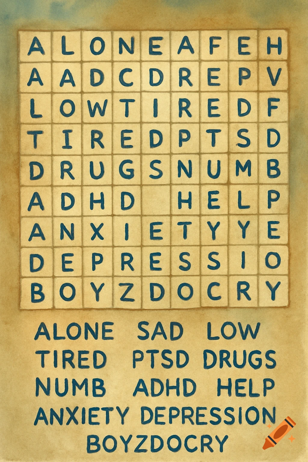 Watercolor illustration of a word search puzzle with mental health-related words.