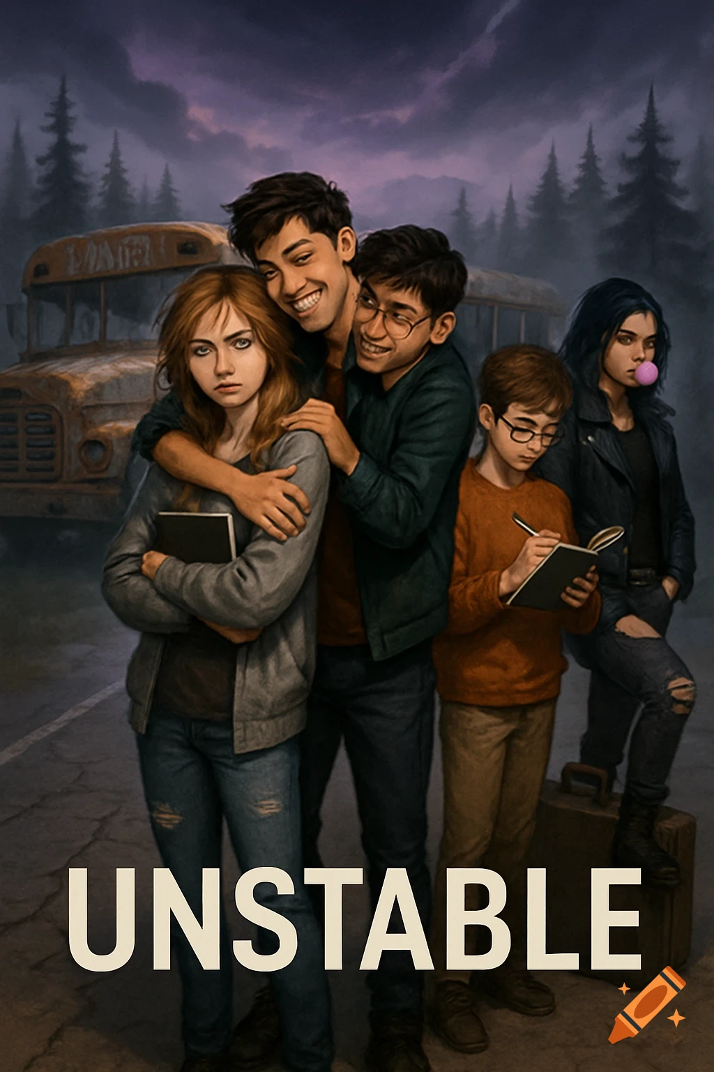Illustration of five diverse teens in a moody setting with an old bus and forest, text "UNSTABLE" below.