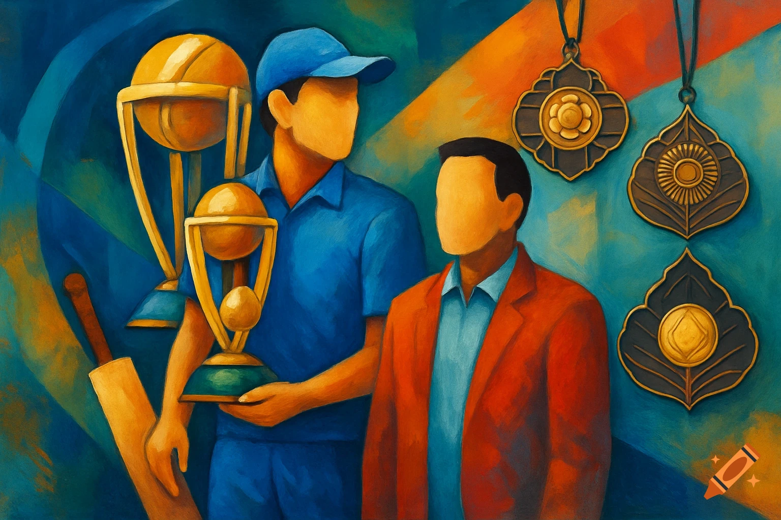 Abstract painting of two faceless figures, one holding cricket trophies, with a cricket bat and decorative awards in the background.
