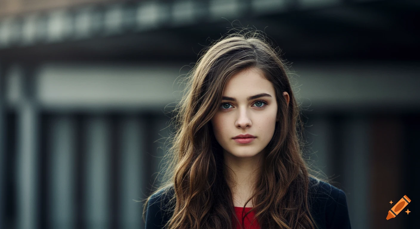 Close-up portrait of a young woman with brown hair and blue eyes looking at the camera.
