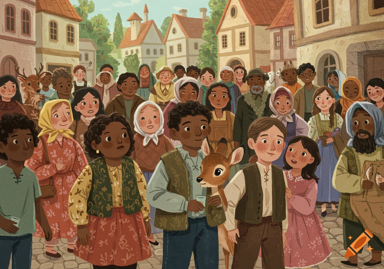 Whimsical illustration of a diverse crowd with a deer in a town square.