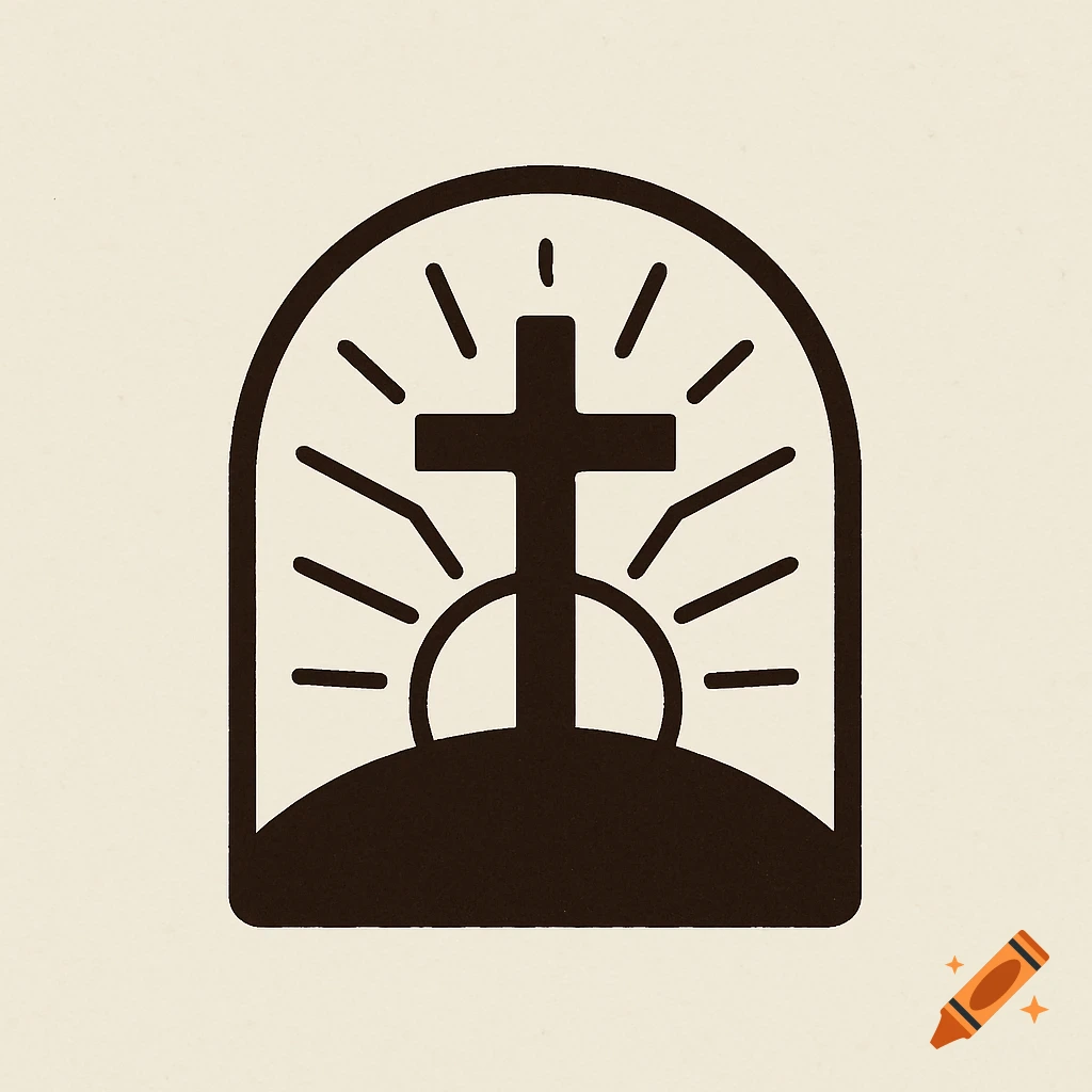 Minimalist logo illustration of a cross on a hill with sun rays inside an arched frame.