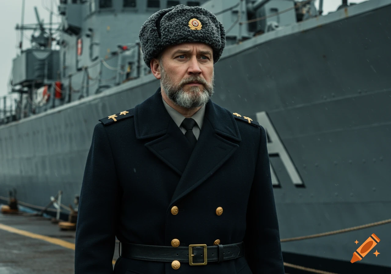 A man in a dark naval uniform and fur hat stands in front of a large ship.