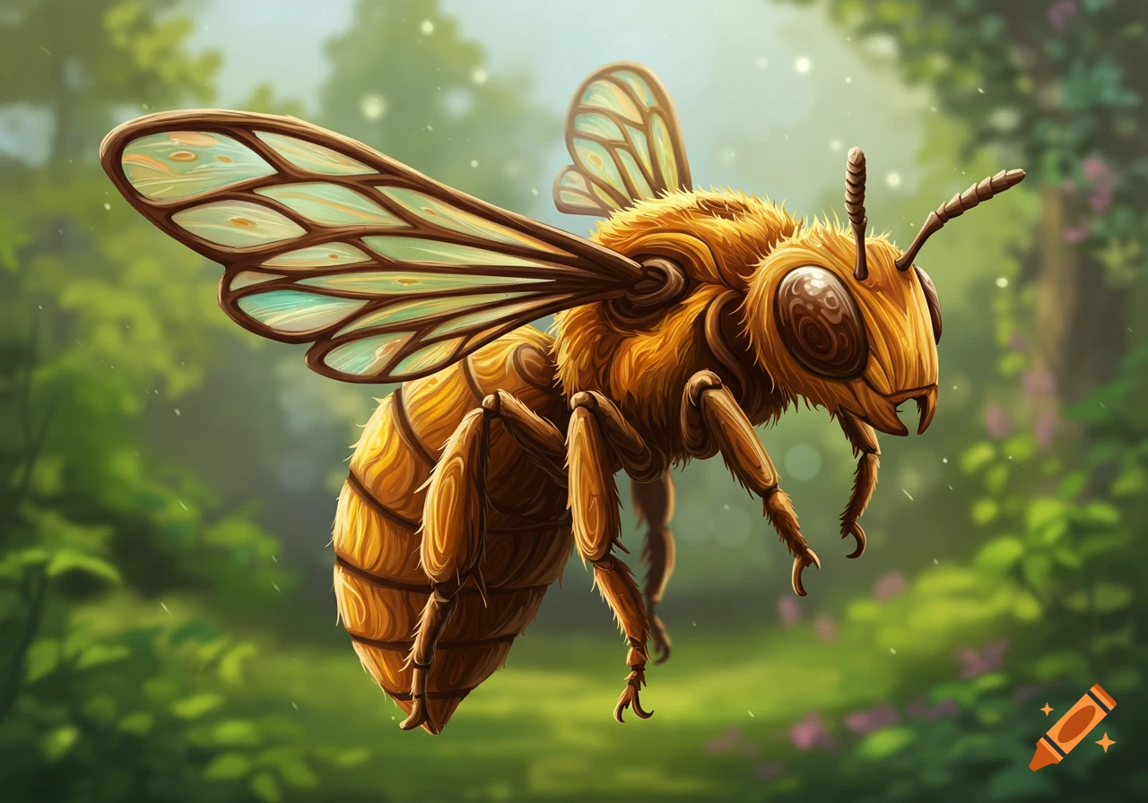 A detailed artwork of a bee with wood-like texture flying in a forest background.