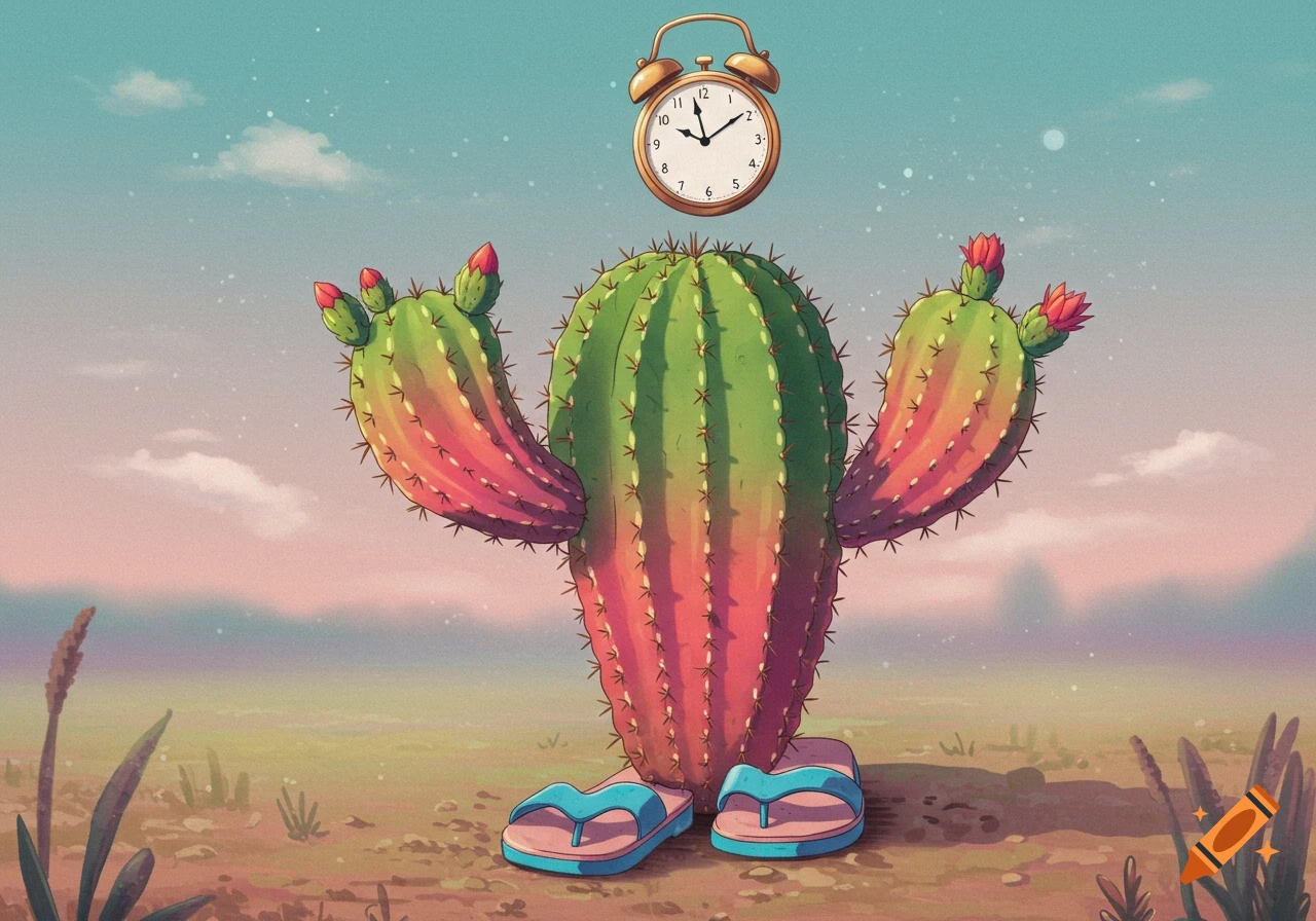 Cartoonish cactus character with a clock floating above its head and wearing sandals in a desert landscape illustration.