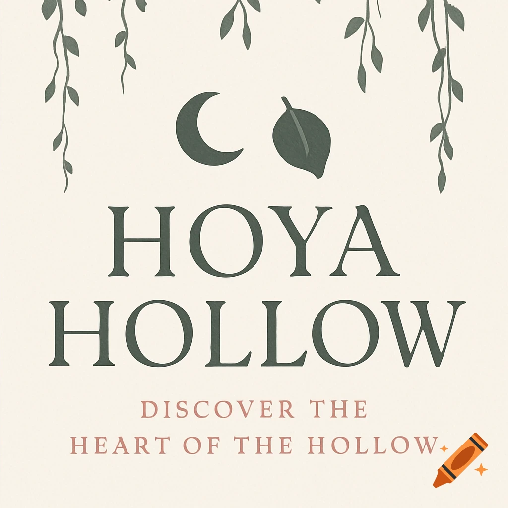Minimal logo with text "HOYA HOLLOW" and "DISCOVER THE HEART OF THE HOLLOW", featuring a crescent moon, a leaf, and hanging vines on a light background.