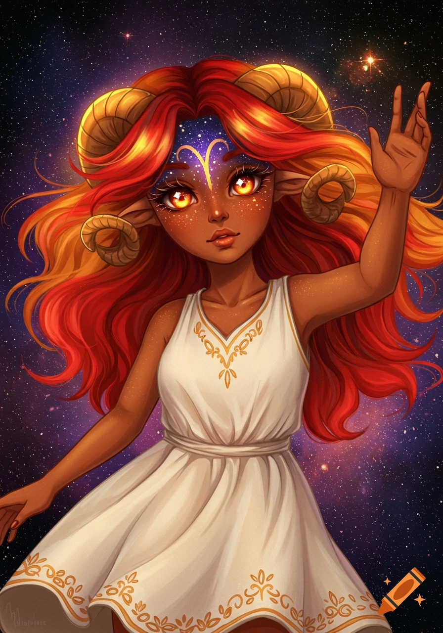 A stylized fantasy character with ram horns and glowing eyes, wearing a white dress against a space background. Aries symbol on forehead.