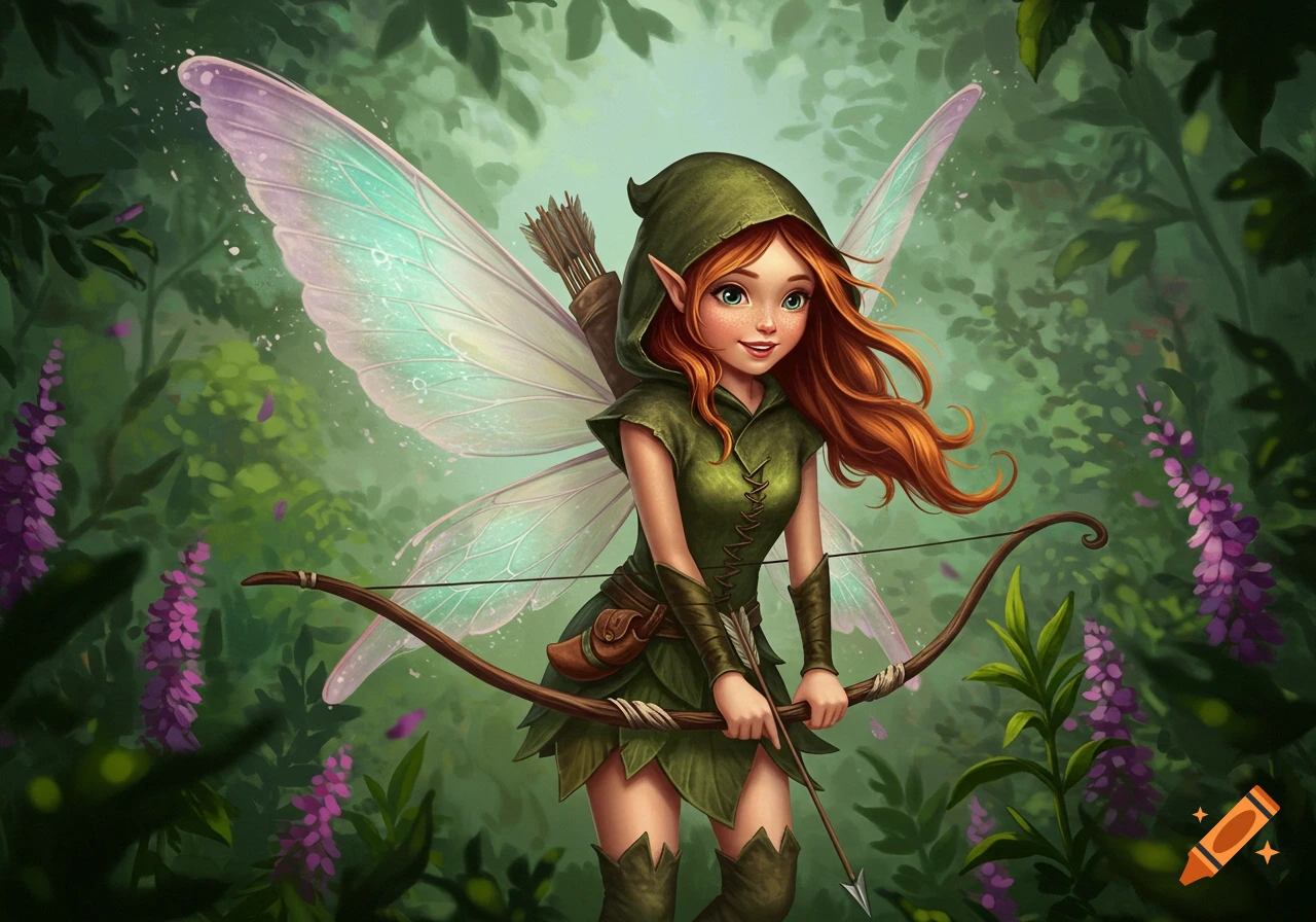 Fantasy illustration of a fairy archer with wings and hood in a forest.