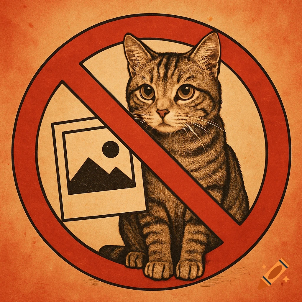 Tabby cat inside a red prohibition symbol with a picture icon. Retro poster style.