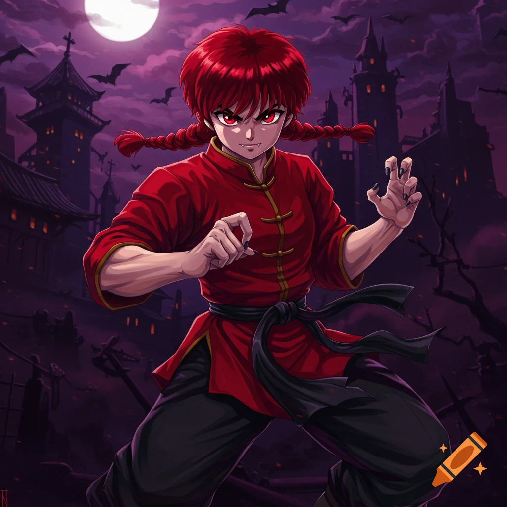 Anime character Ranma Saotome as a vampire martial artist in a spooky night setting.