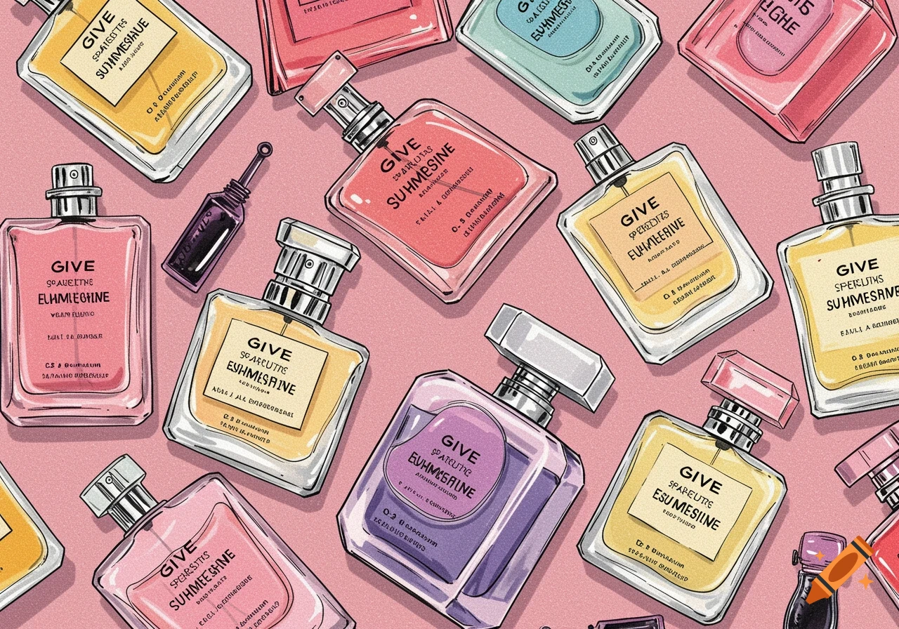 Many colorful perfume bottles in an illustration style.