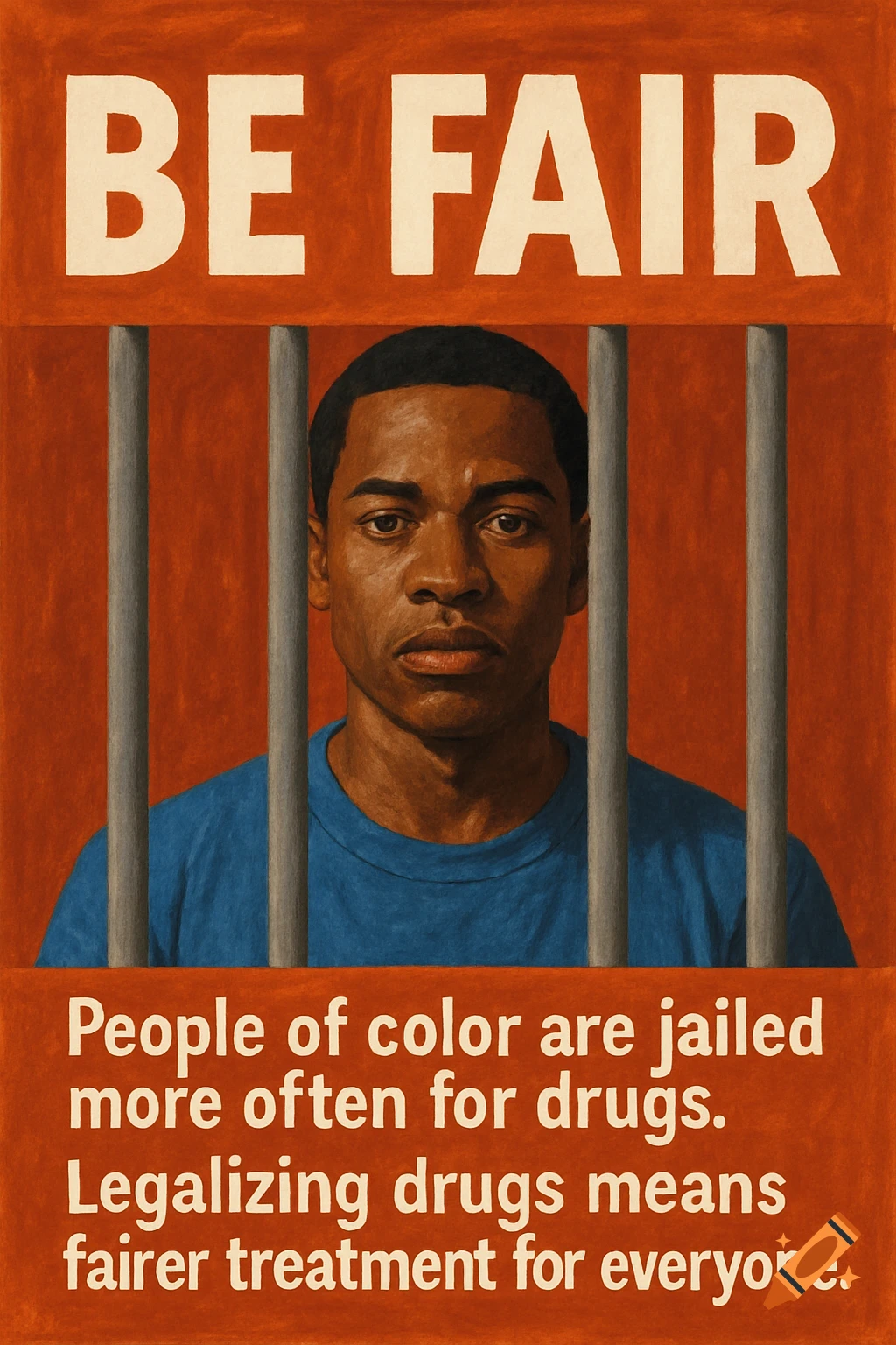 Painting of a man behind bars on a poster with text 'BE FAIR' and message about jailing people of color for drugs.
