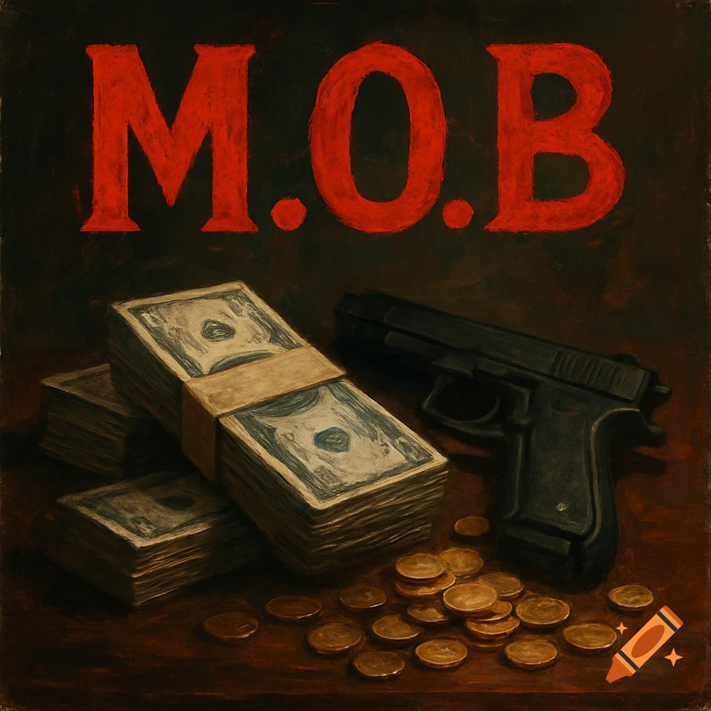 Stacks of money, gold coins, and a handgun on a table with 'M.O.B.' text above, in a dark, painterly style.