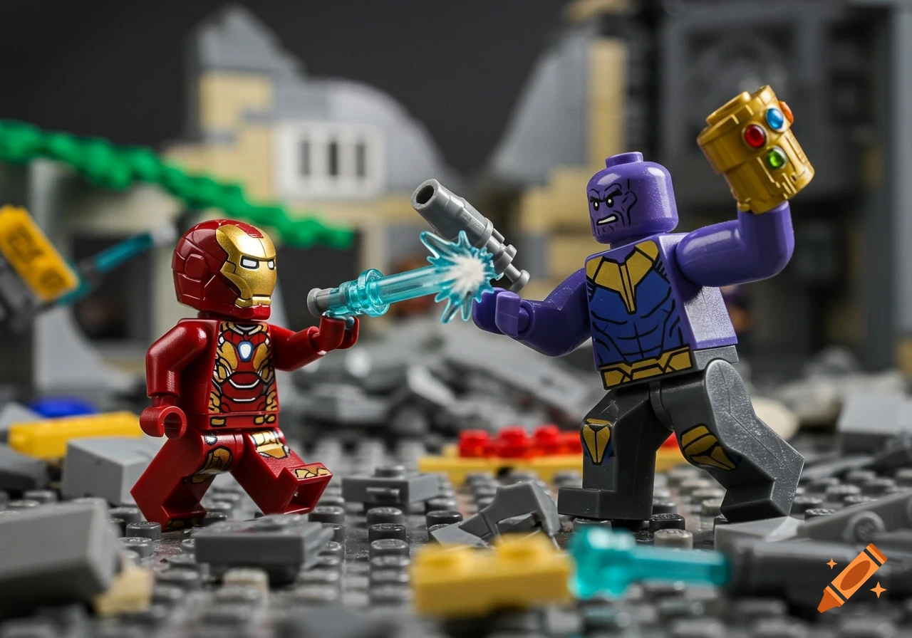 Lego Iron Man fights Lego Thanos in a battlefield scene