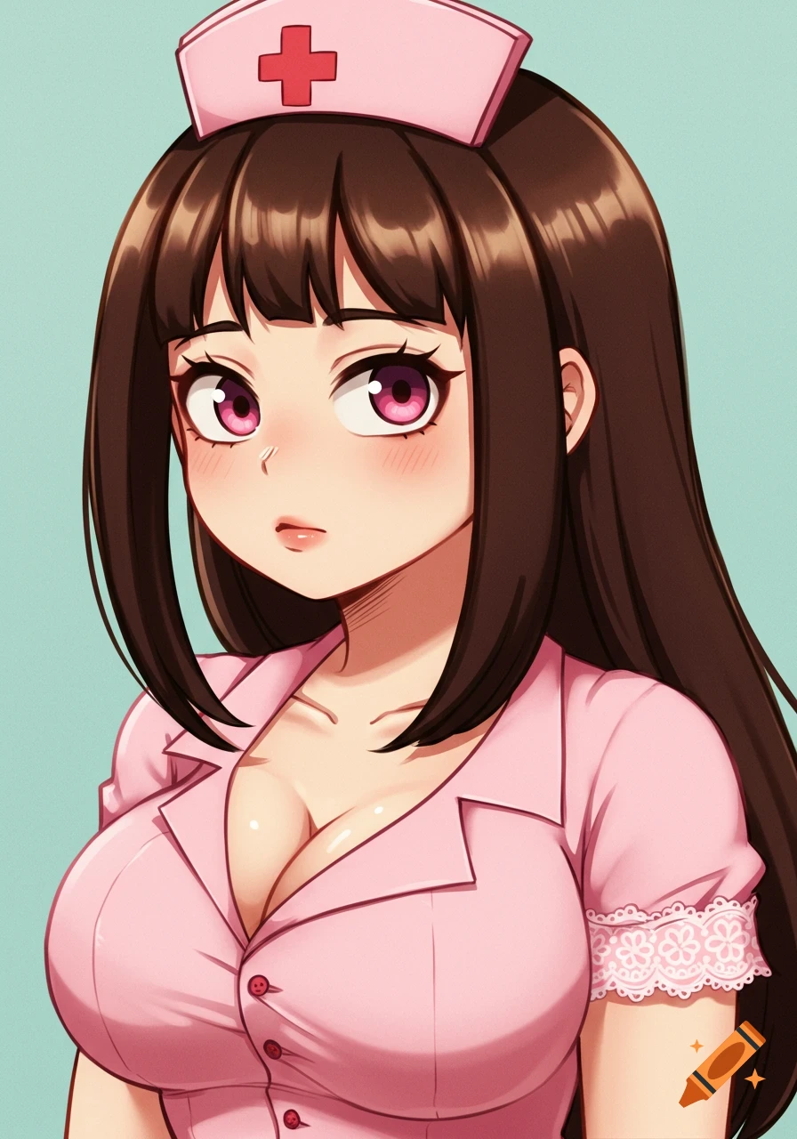 Anime close-up of a female character in a pink nurse outfit and cap.