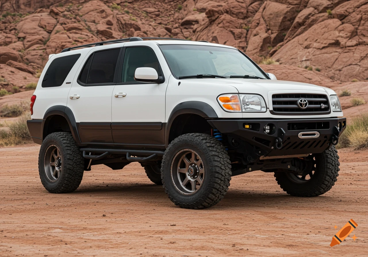 A lifted white Toyota Sequoia SUV with off-road modifications sits on a dirt road in a desert landscape.