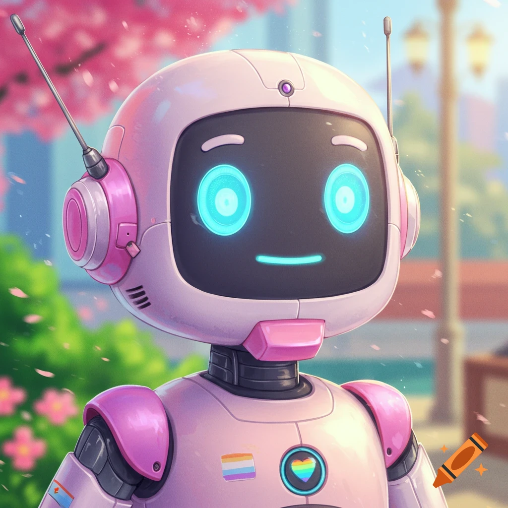 A cute pink and white robot with glowing blue eyes stands in a park with cherry blossoms.