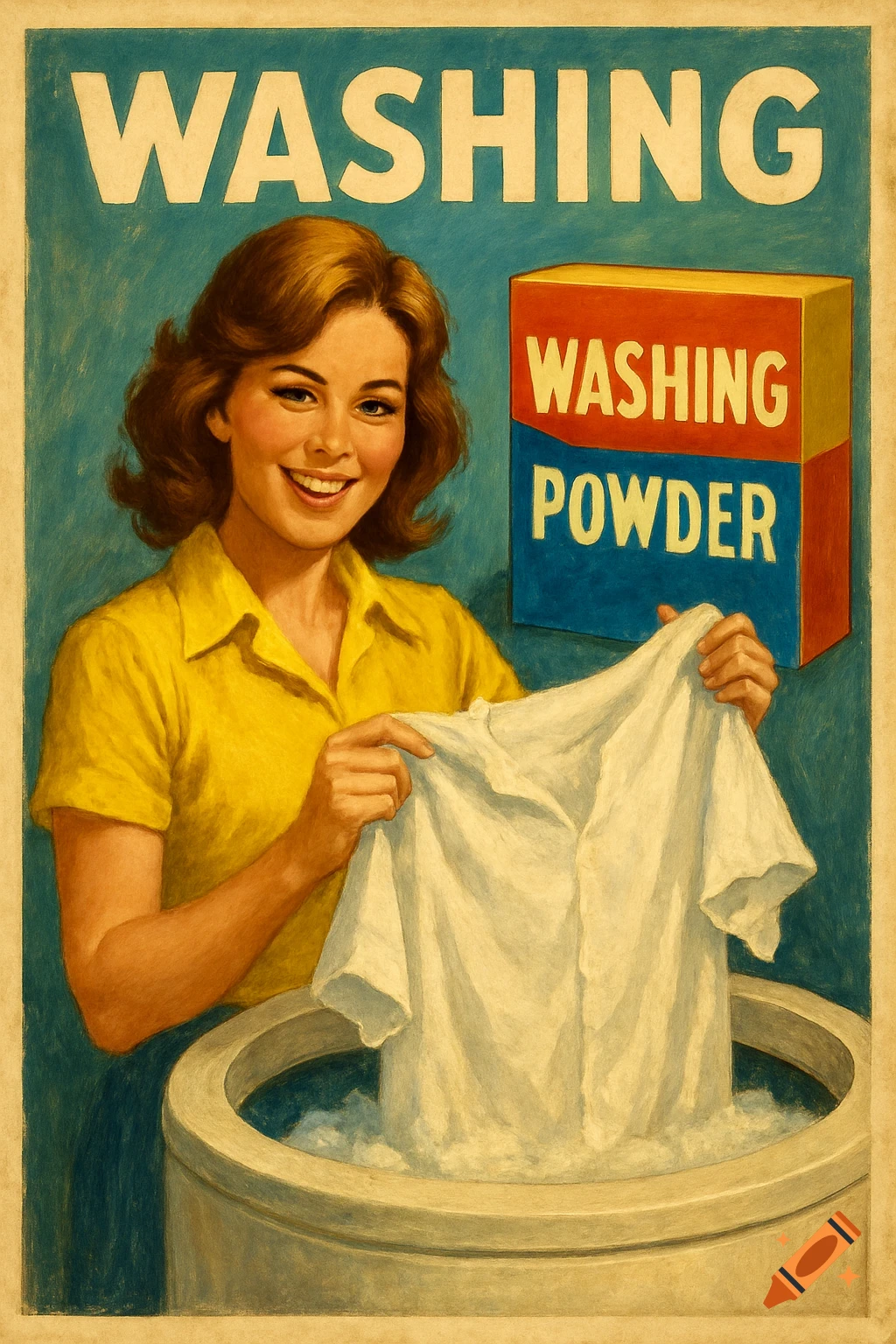 A woman in a yellow shirt holds a white shirt over a wash basin, with a box labeled "WASHING POWDER" in the background, in a vintage art style.