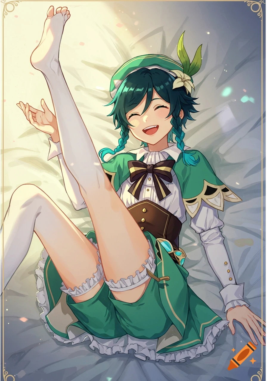 Anime illustration of Venti from Genshin Impact in a maid dress lying down with one leg raised, smiling.