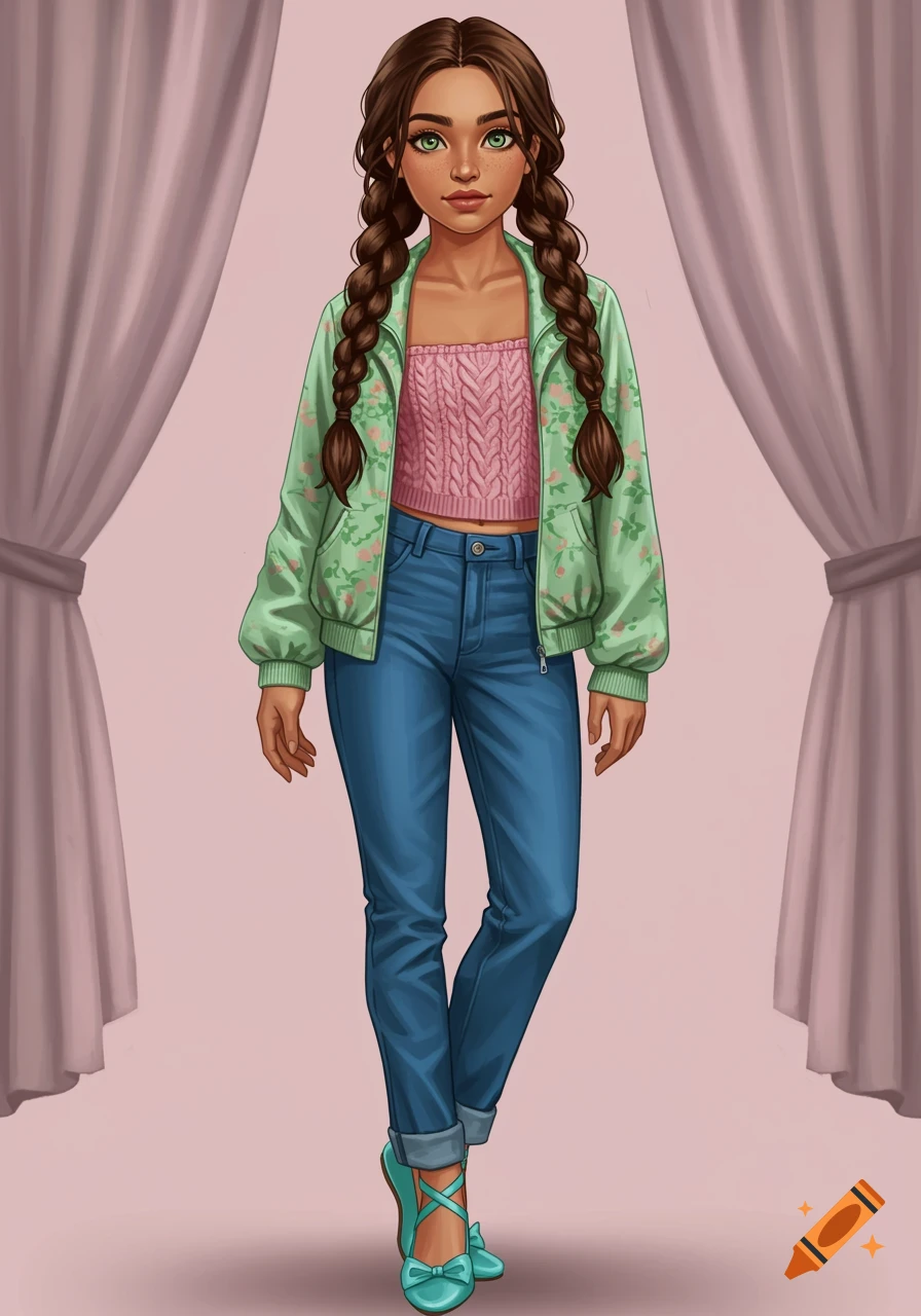 An illustration of a teenage girl with braids wearing a pink tube top, green floral jacket, blue jeans, and ballet shoes.