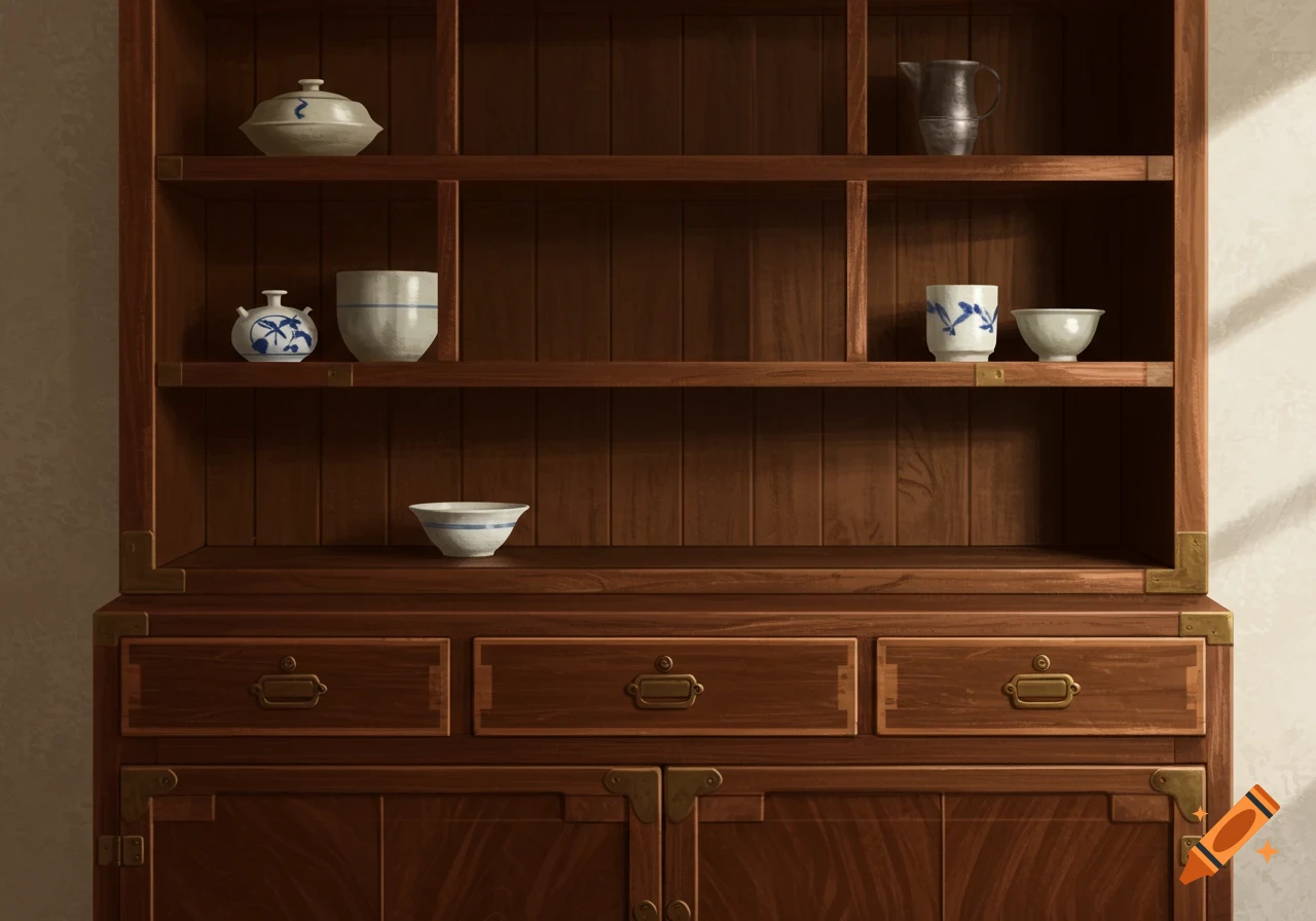 A wooden cabinet or hutch with shelves displaying various ceramic pots and bowls.
