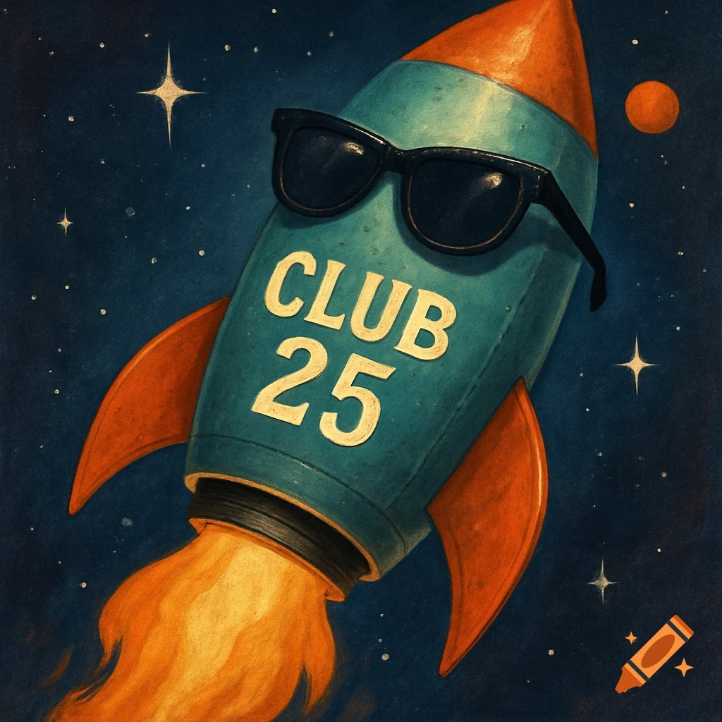 Cartoon rocket ship with sunglasses and 'CLUB 25' text flying through space.