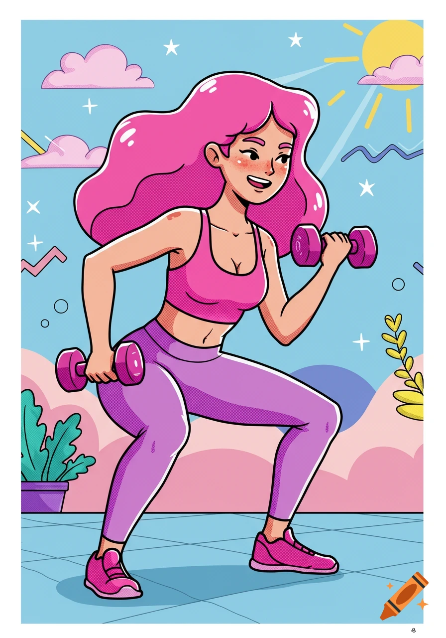 Cartoon illustration of a woman squatting and lifting dumbbells outdoors