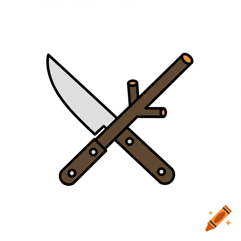 Clip art illustration of a knife and stick crossed.